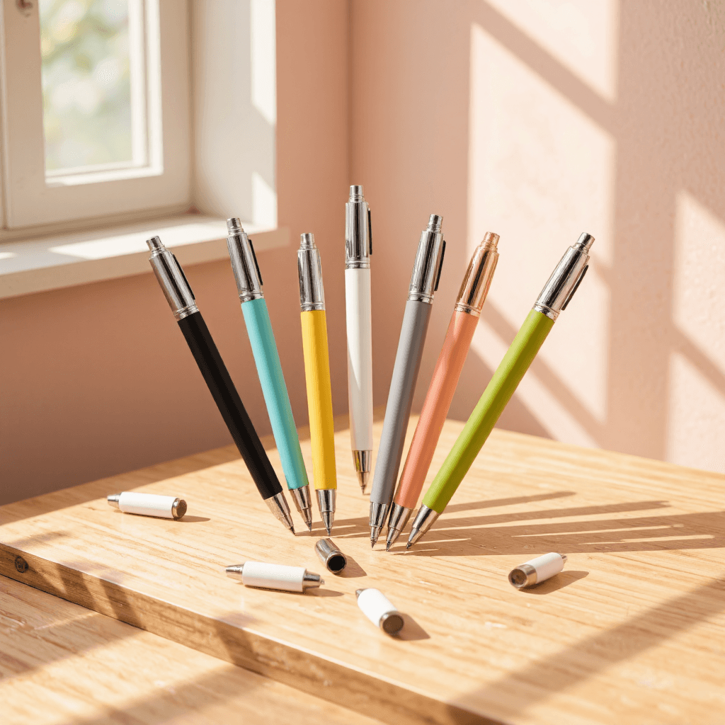 product photography of set of colored pens with replaceable tips