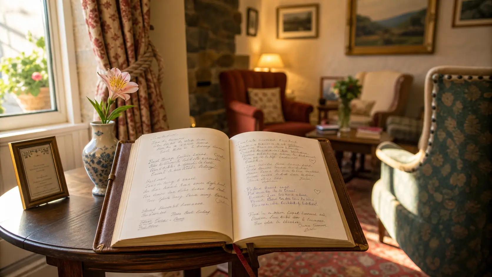 Open leather guest book with handwritten entries on a B&B side table.