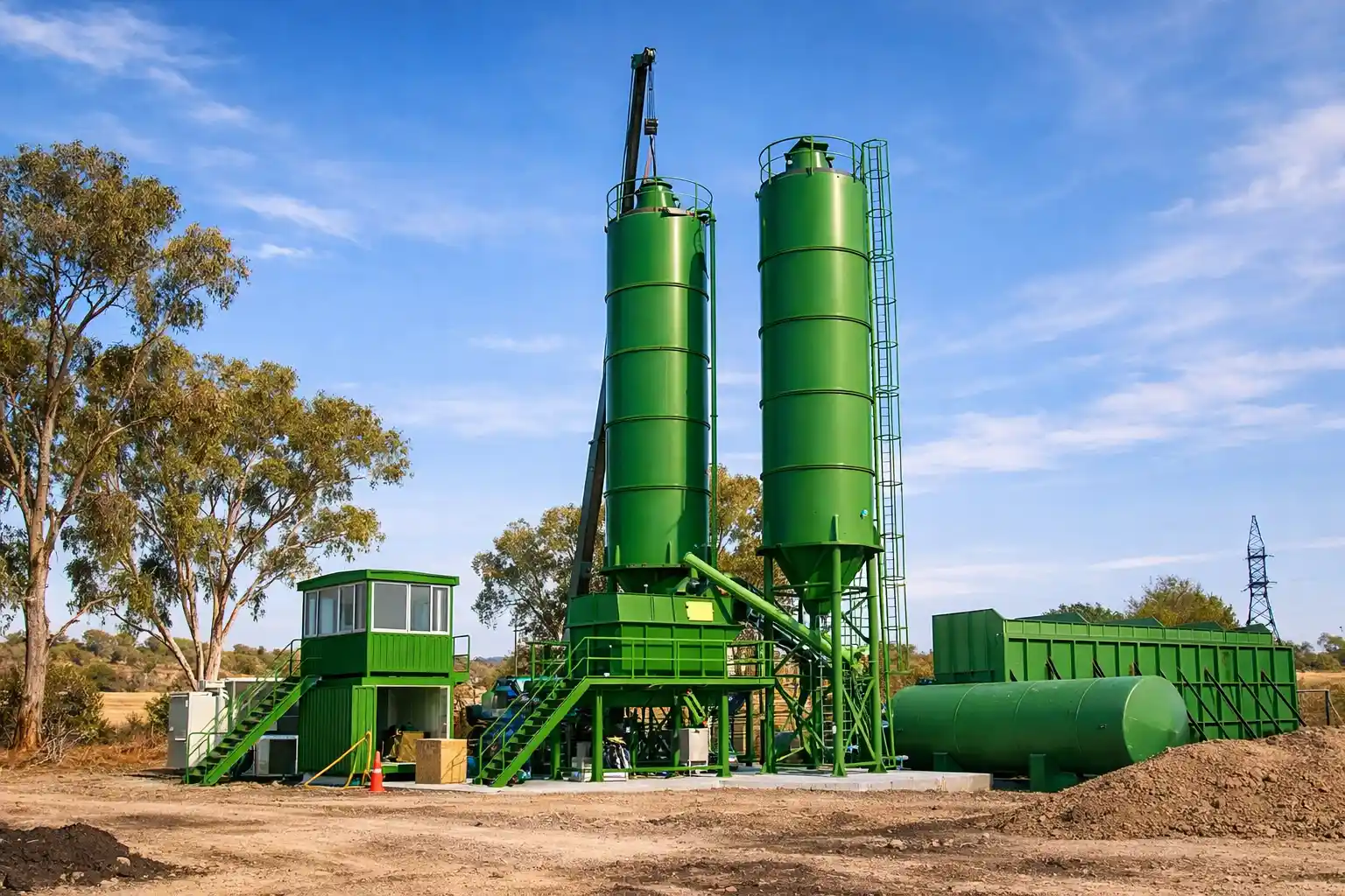 Concrete batching plant facility with tall green silos and industrial structure