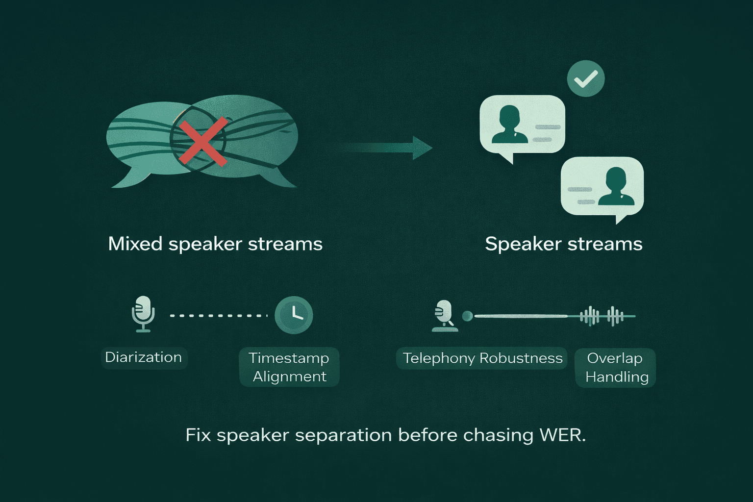 Speaker separation infographic showing mixed speaker streams transformed into separate speaker streams with diarization, timestamp alignment, telephony robustness, and overlap handling for better speech recognition accuracy.