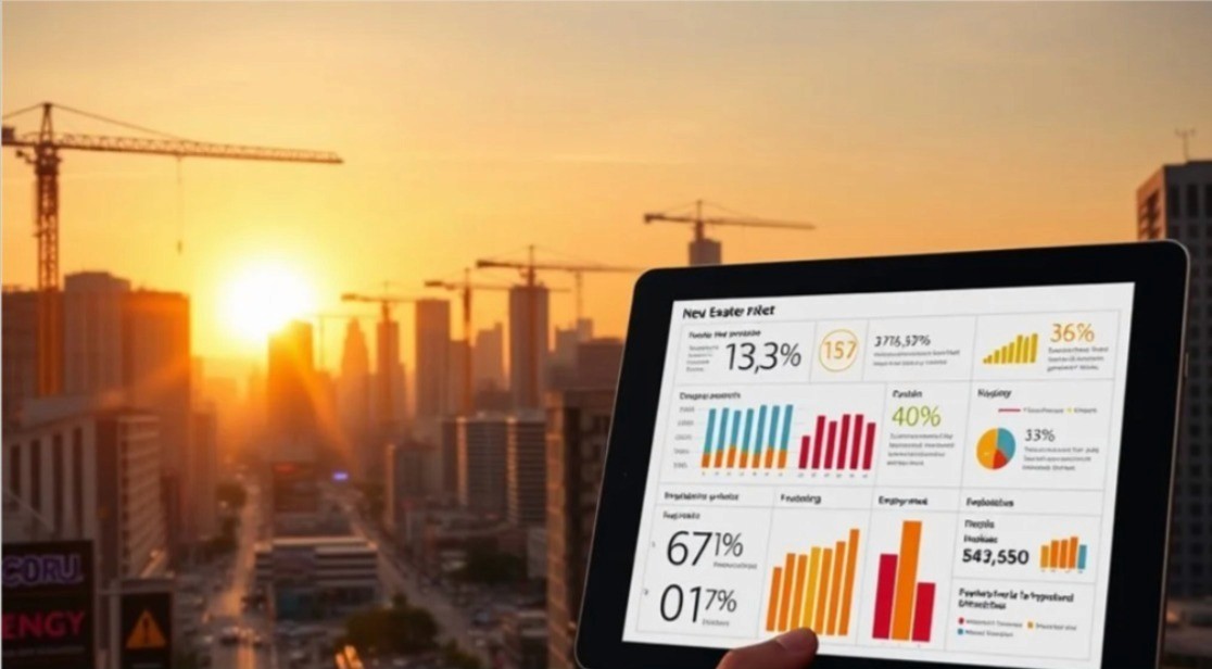 A tablet displaying a real estate analytics dashboard is held up against a city skyline at sunset, with construction cranes and high-rise buildings silhouetted. (to show urban growth and data-driven investment decisions.)