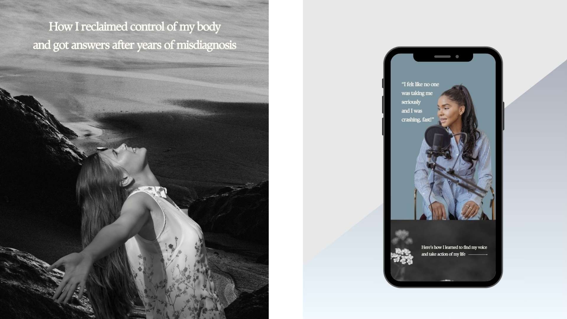 UMA women’s health collage featuring a portrait of a woman in soft natural lighting and a minimalist podcast cover visual promoting UMA’s wellness and empowerment audio content.