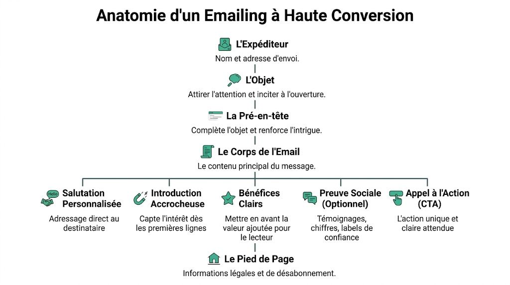 Schéma illustrant les composants essentiels d'un e-mail de marketing pour maximiser le taux de conversion.