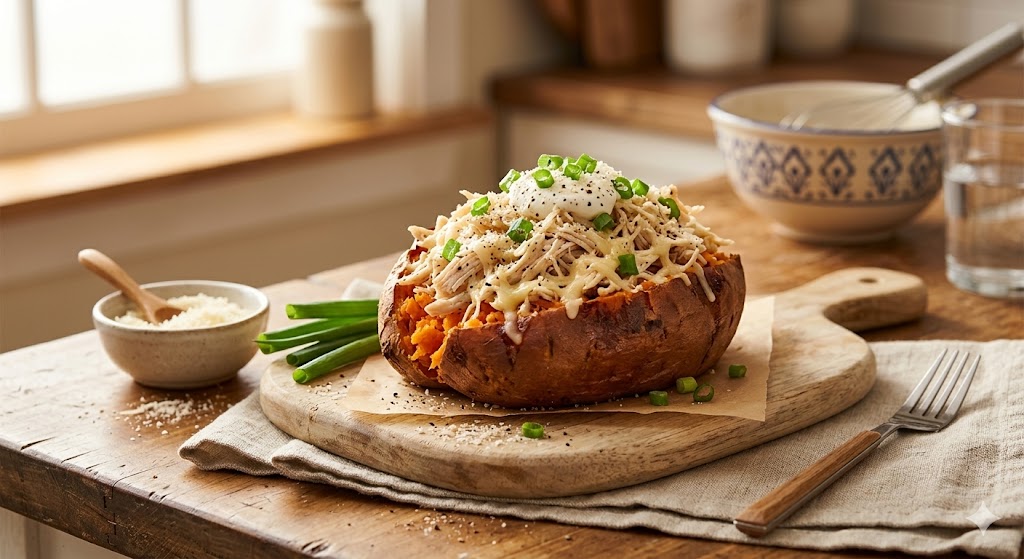 A close-up photograph of a baked sweet potato split open and stuffed with shredded chicken breast, melted parmesan cheese, and a dollop of light sour cream, garnished with fresh green onions. Served on a wooden table in a warm, naturally lit home kitchen environment.