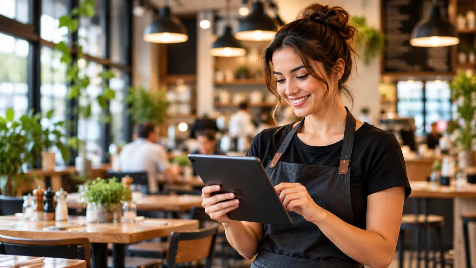 Smiling cafรฉ worker using a tablet