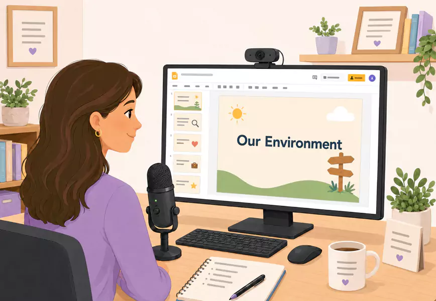 A PC user prepared to record a google slides presentation for a lesson