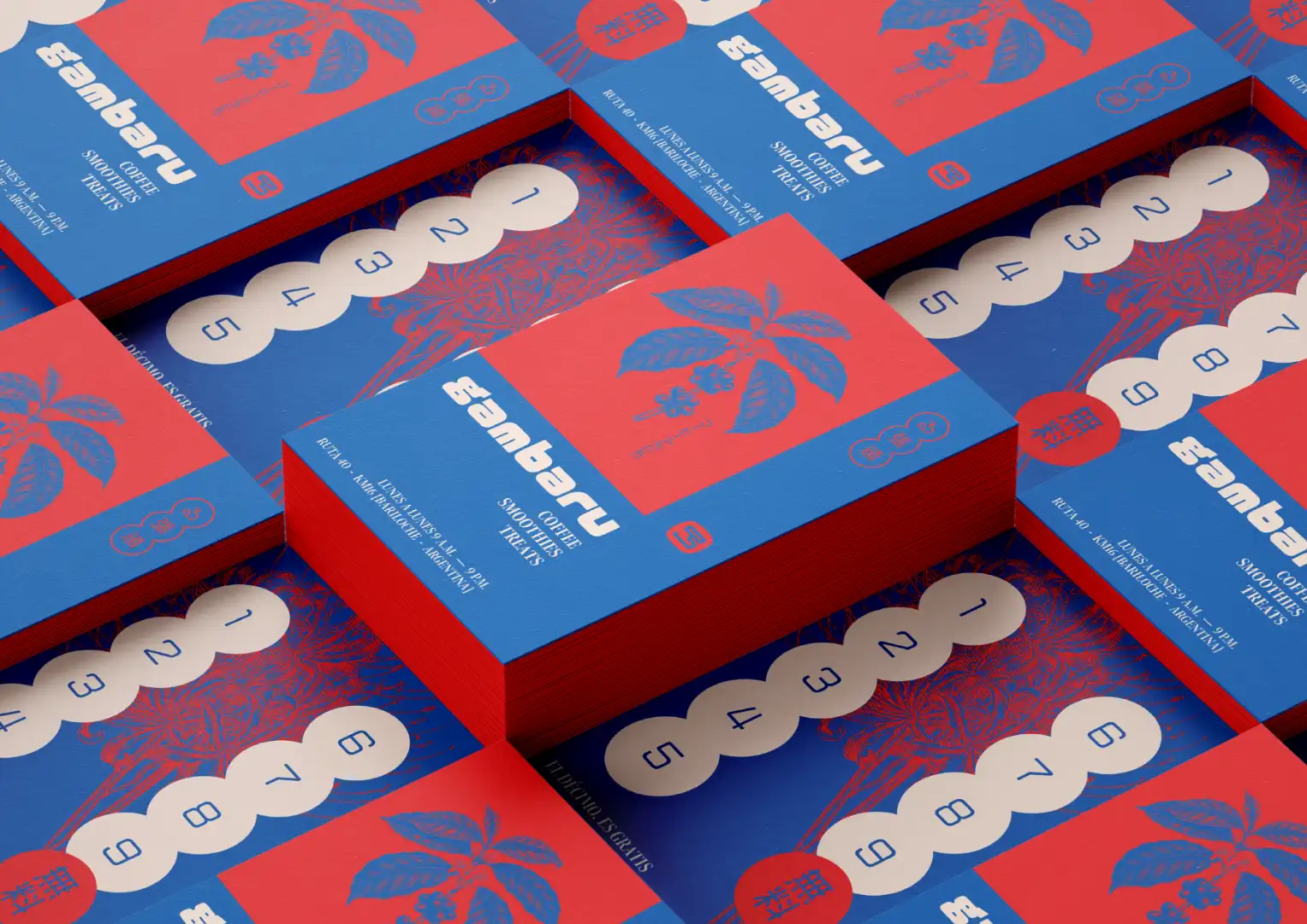 Gambaru business card mockup in red and blue packaging