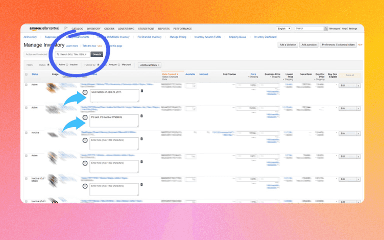 A screenshot of the Amazon seller view with the search bar circled in blue