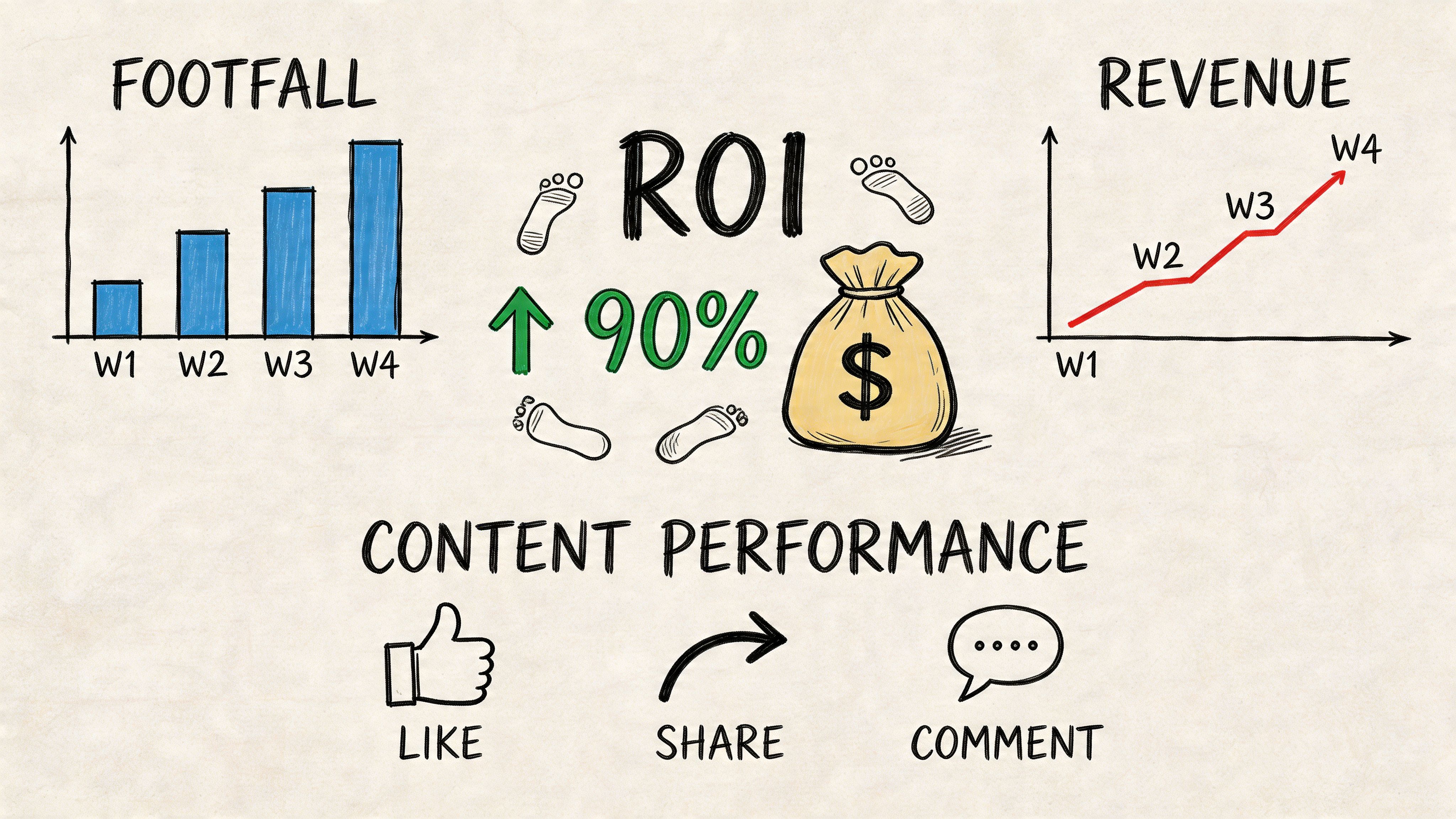 A hand-drawn illustration showing the correlation between footfall growth, ROI, revenue, and social media content engagement metrics.