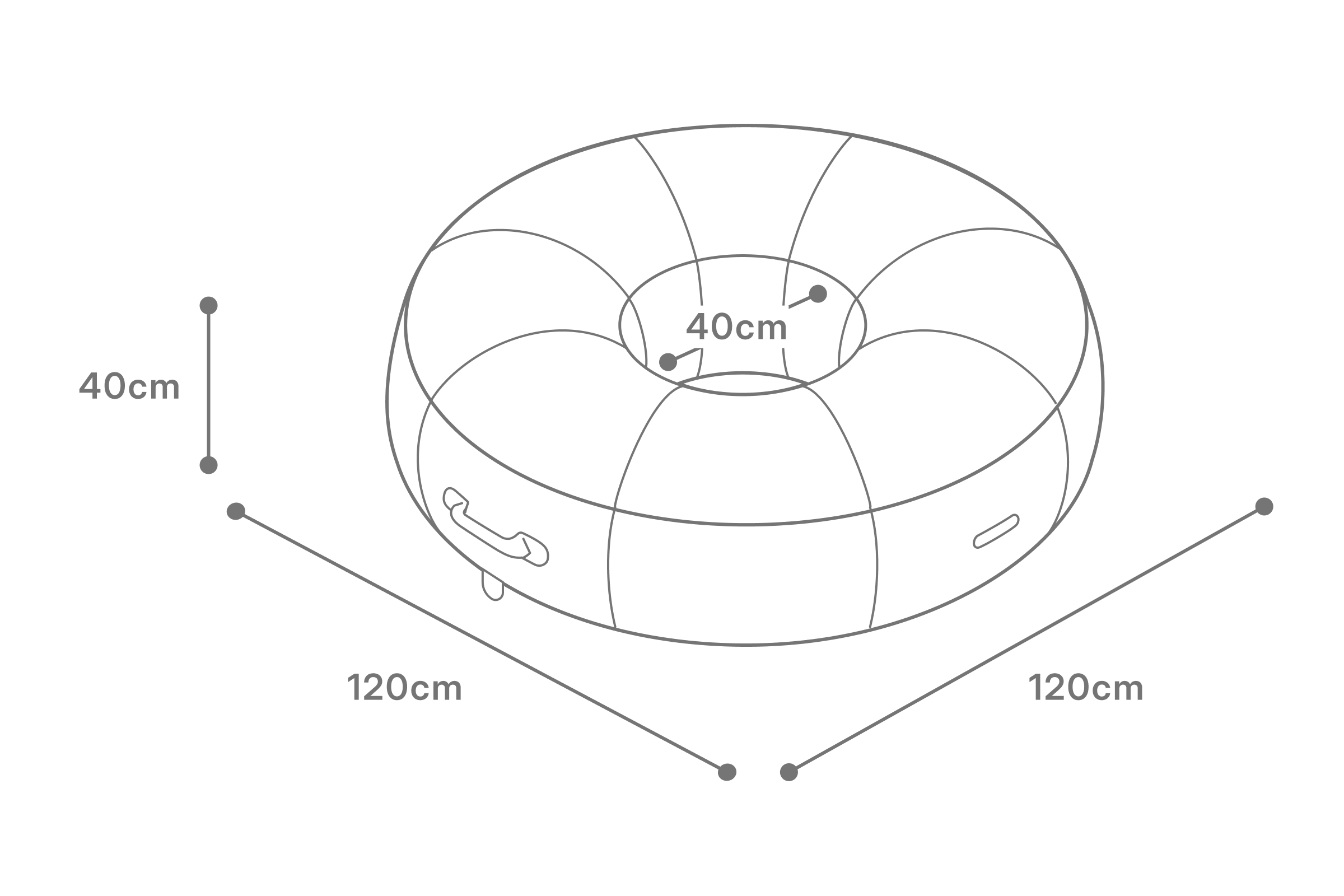 Diagram showing inflated dimensions of Oliver James luxury pool float — 100cm length, 100cm width, and 40cm height for generous adult lounging.