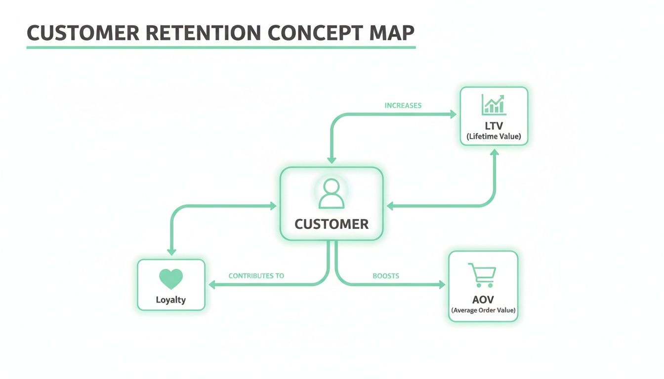 Customer retention concept map showing customer impact on loyalty, lifetime value (LTV), and average order value (AOV).