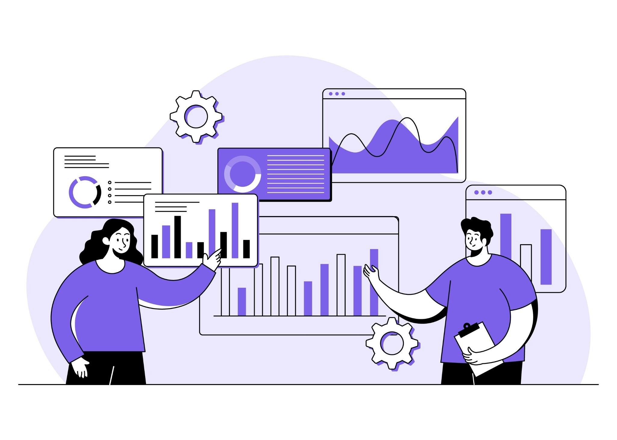 Illustration of two marketers reviewing influencer campaign performance dashboards and analytics charts