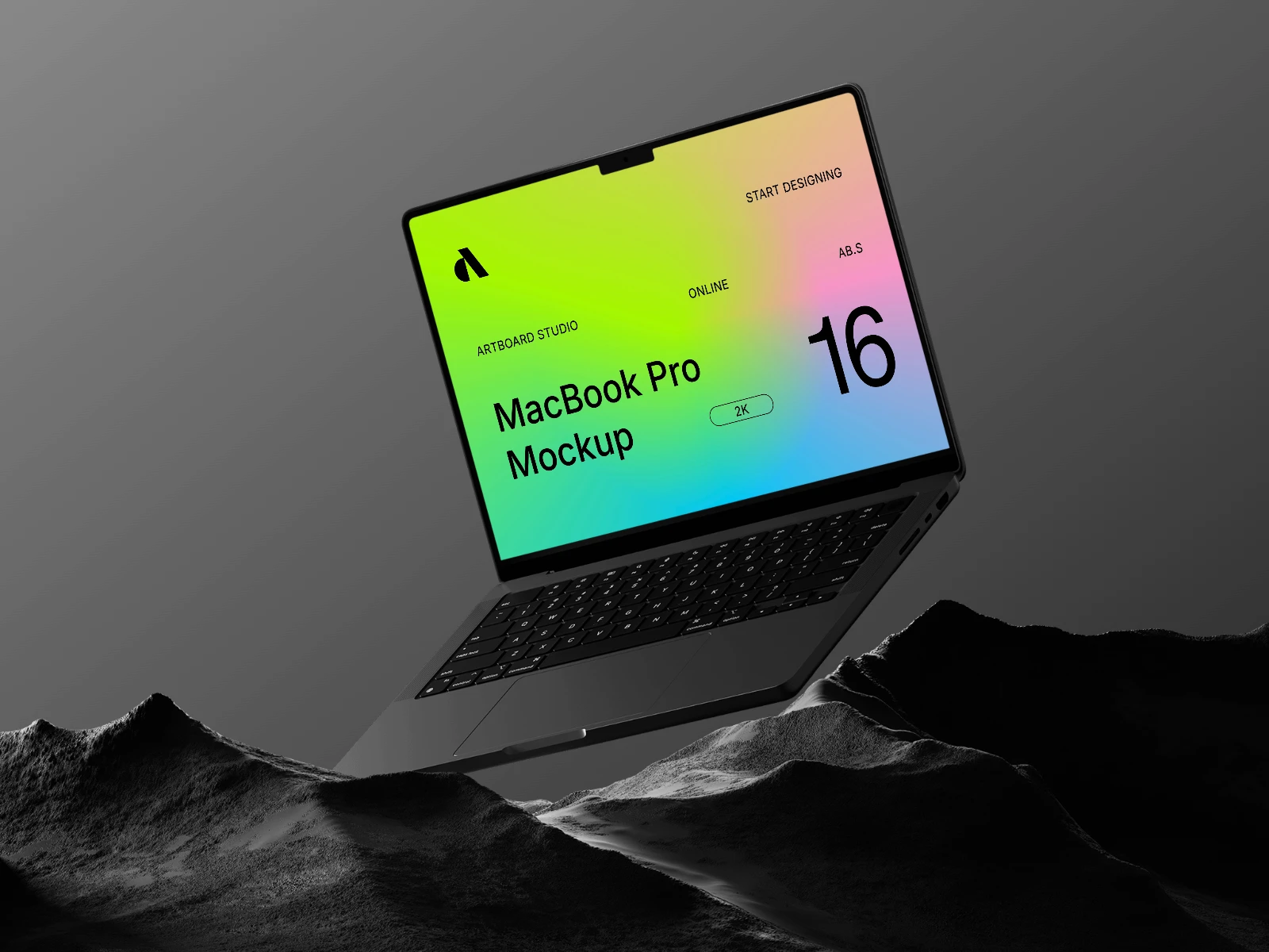 Floating laptop mockup with abstract environment