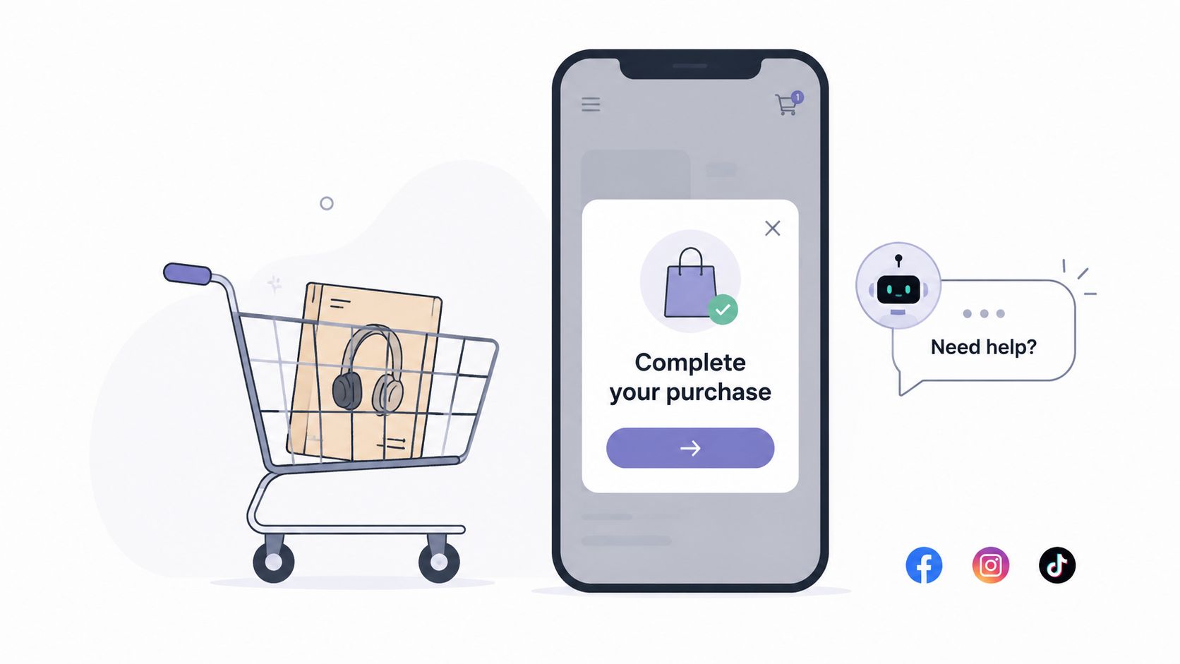 A smartphone screen showing a checkout reminder pop-up next to a shopping cart with headphones inside.