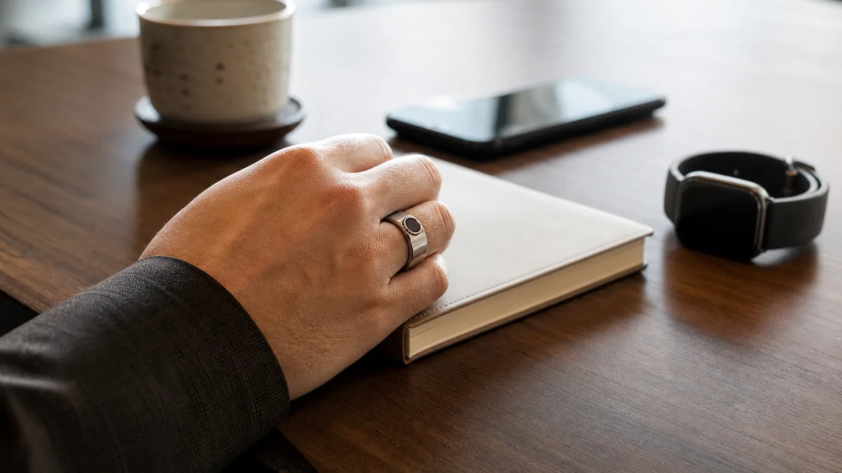 Smart dhikr ring beside an inactive phone and smartwatch in a quiet meeting setting