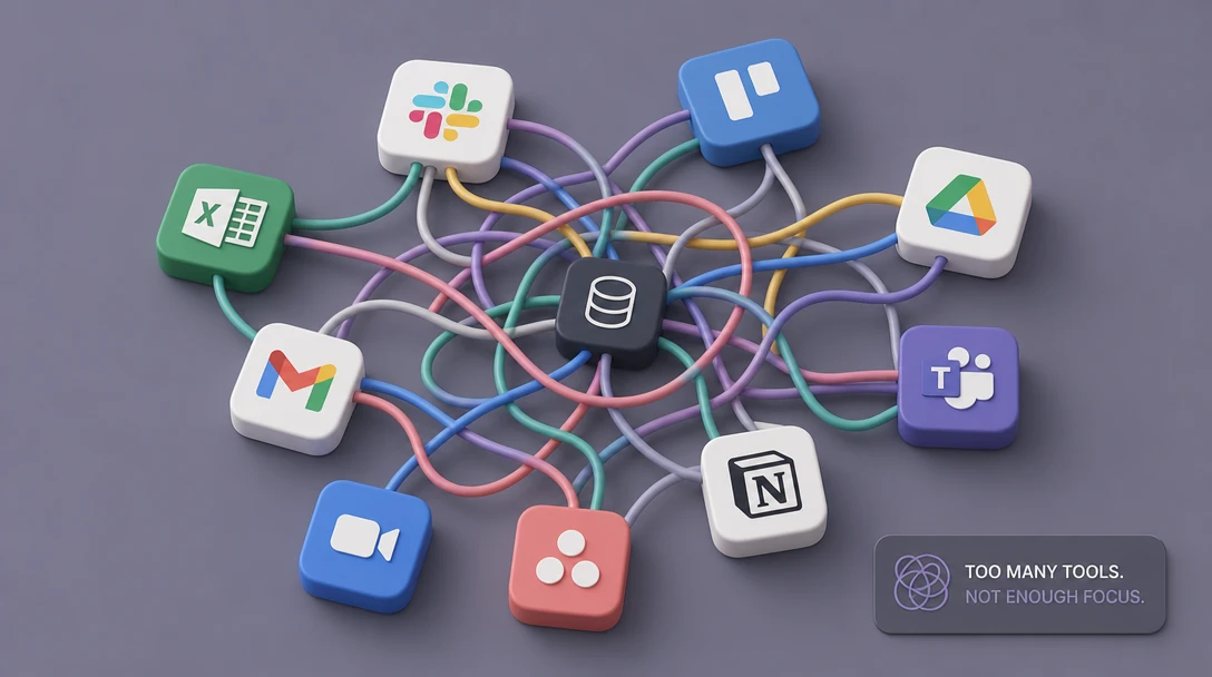 Conceptual illustration of app fatigue and disconnected content tools.