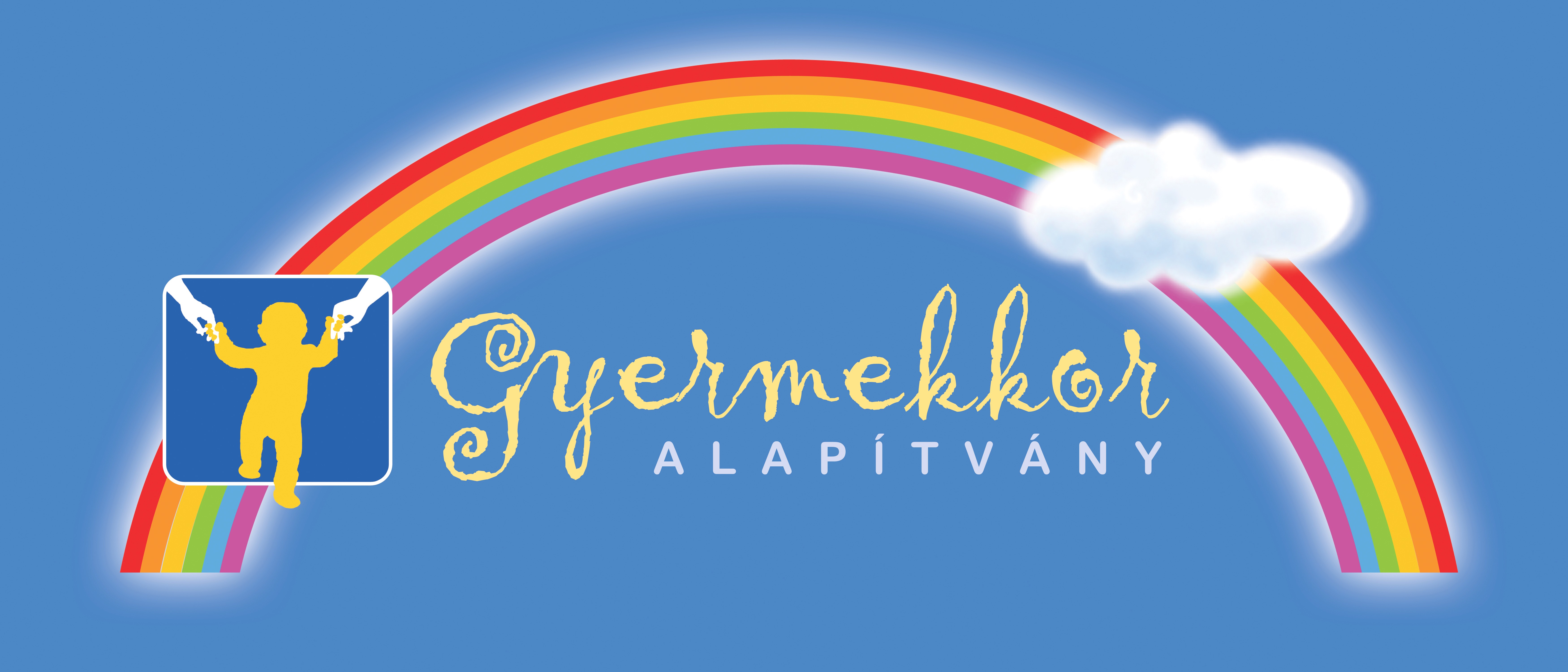 Gyermekkor alapítvány logója, szívárvánnyal, kisgyermekkel kék hátteren.