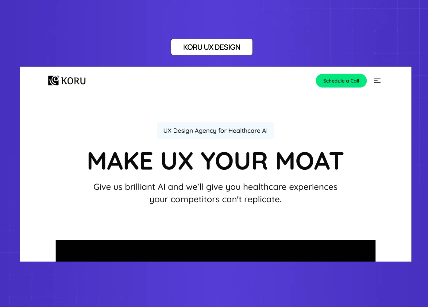 Koru UX design agency homepage focused on healthcare AI with clean and minimal layout. 