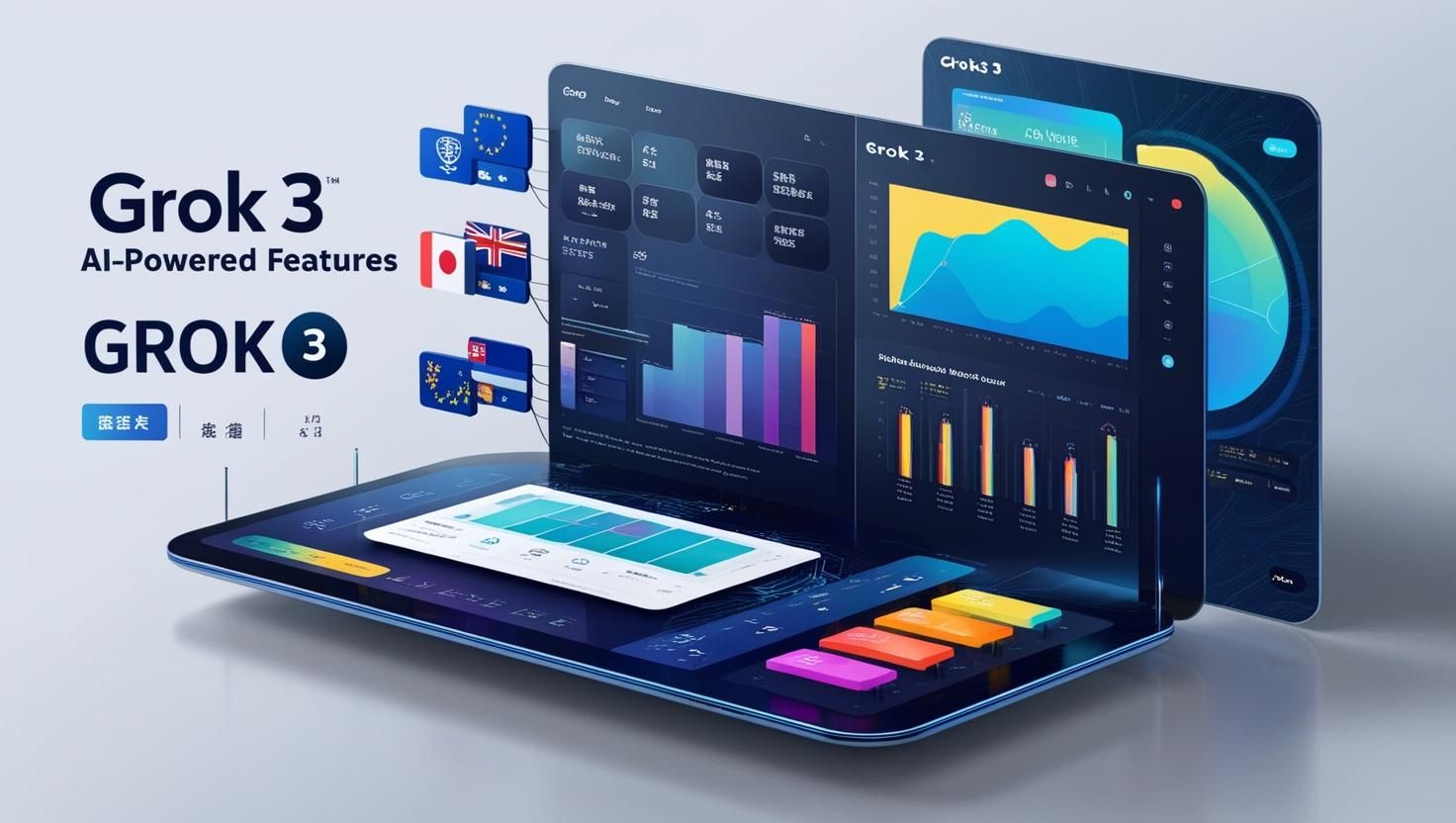 A digital interface displaying Grok 3’s AI-powered features like multilingual support and real-time updates