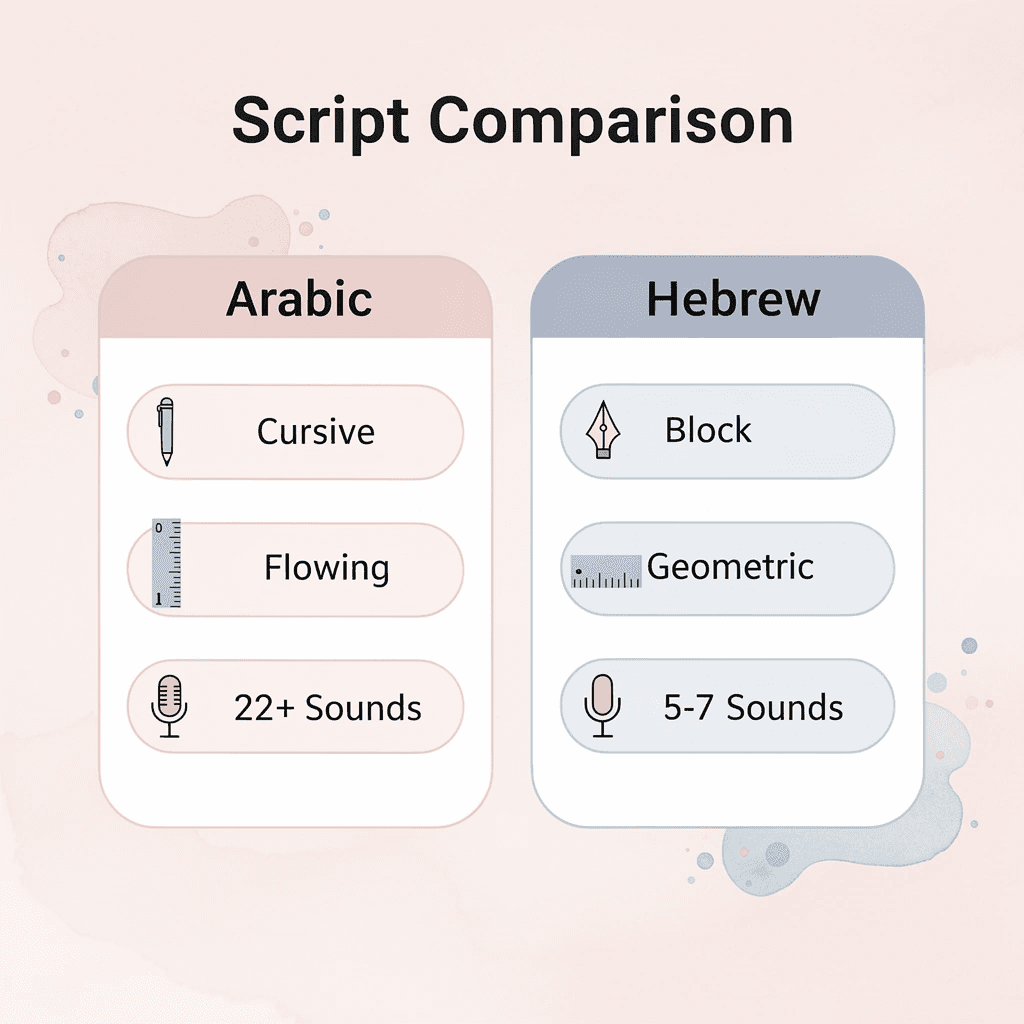 Comparison table showing differences between Arabic and Hebrew scripts