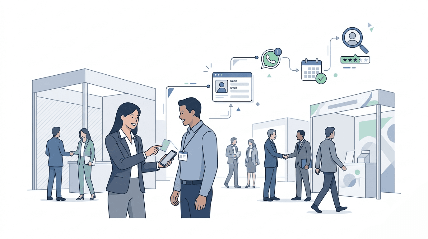 Sales representative scanning a trade show attendee badge and capturing lead information for personalized WhatsApp follow-up after an exhibition.