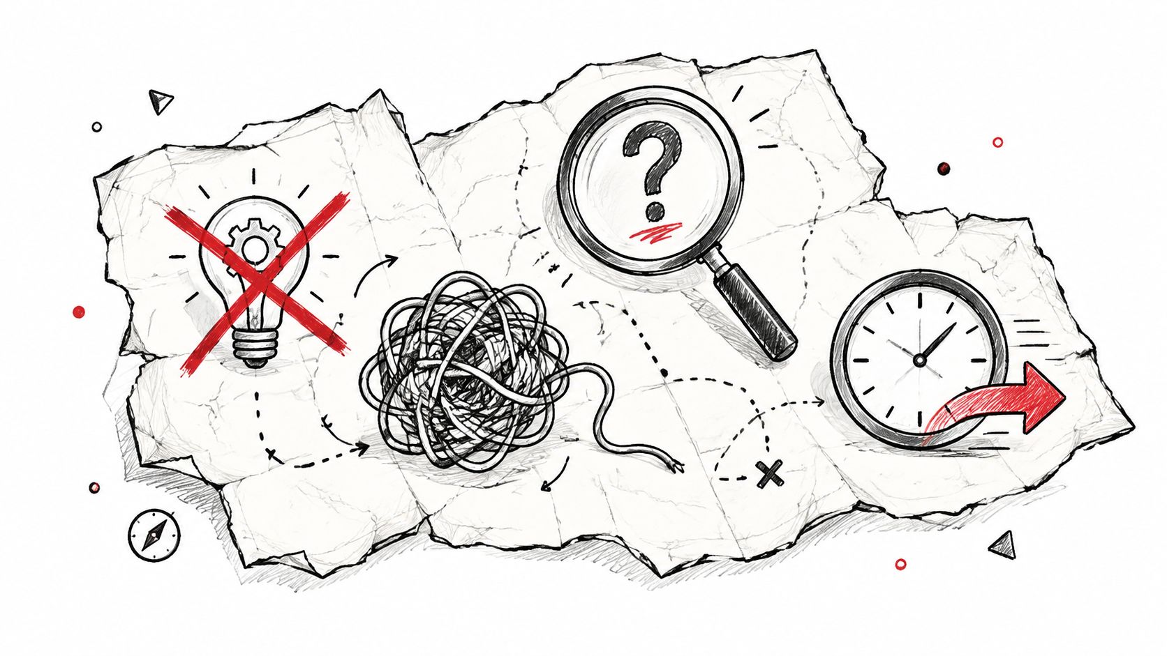 A conceptual sketch on crumpled paper depicting a crossed-out lightbulb, a tangled knot, a magnifying glass, and a clock.