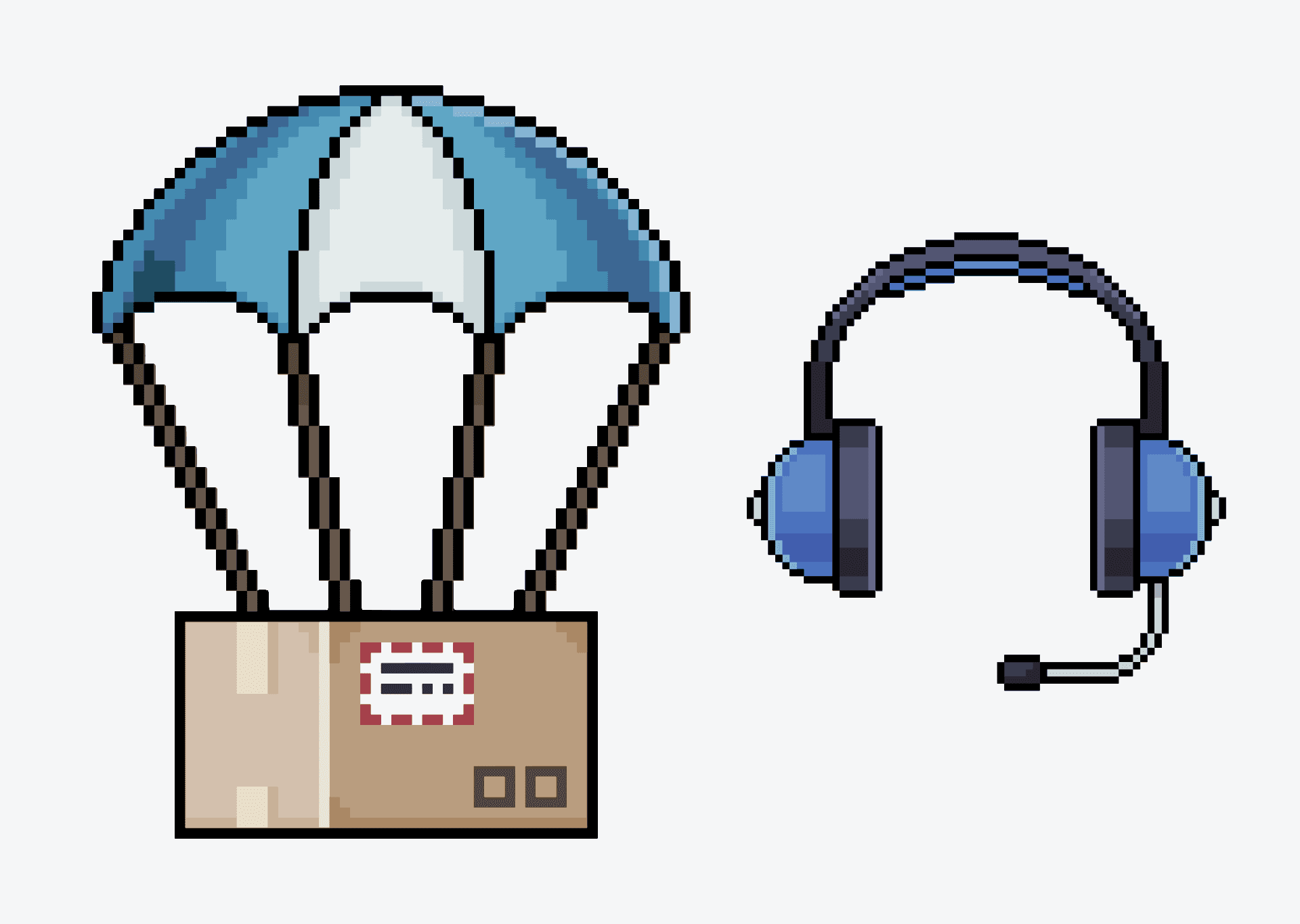 Pixel art of a package descending with a blue-and-white parachute, alongside a blue headset with a microphone.