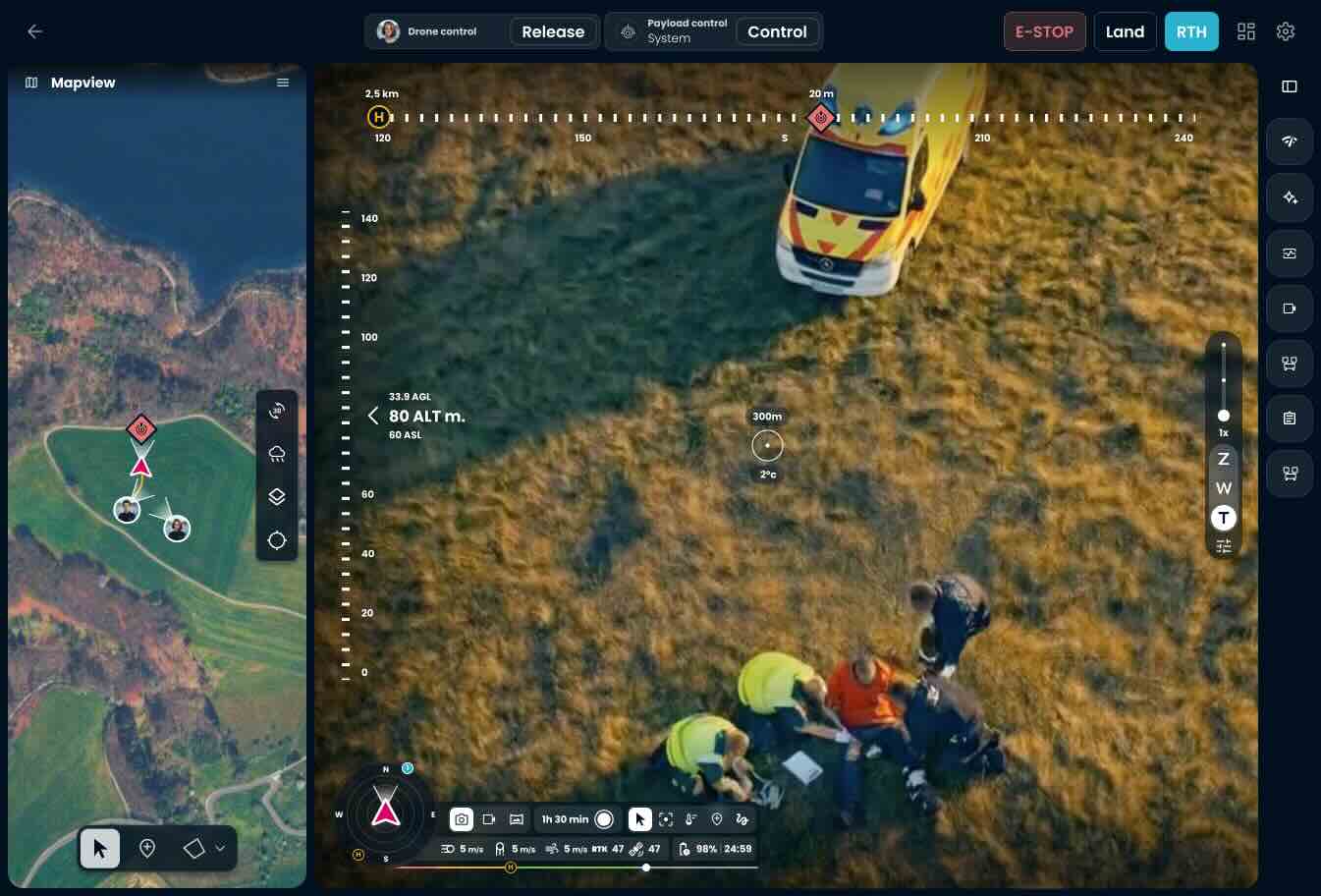 AirHub drone software livestreaming interface showing real-time map view and 4K aerial footage of a search and rescue operation with ground teams on scene