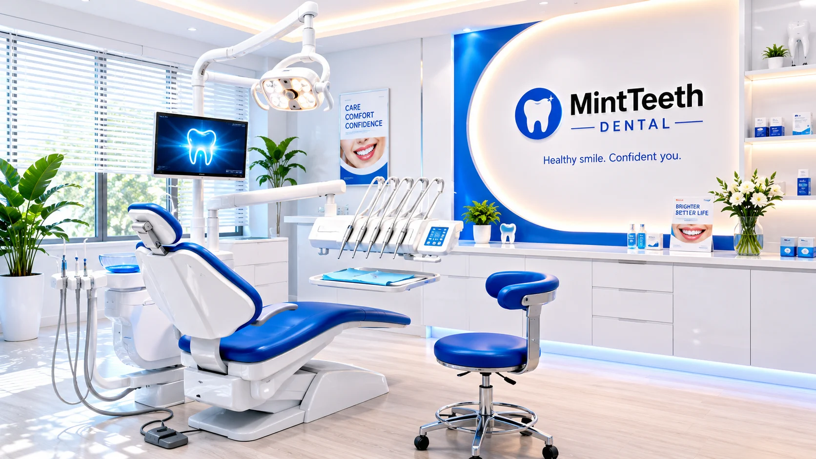 Modern dental clinic treatment room with blue and white interior design
