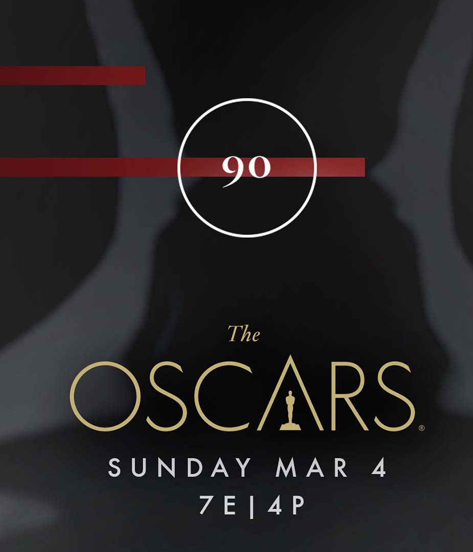 Key art for the 90th Oscars featuring the official broadcast date and a modernized brand system used across live event signage, on-air graphics, and marketing.