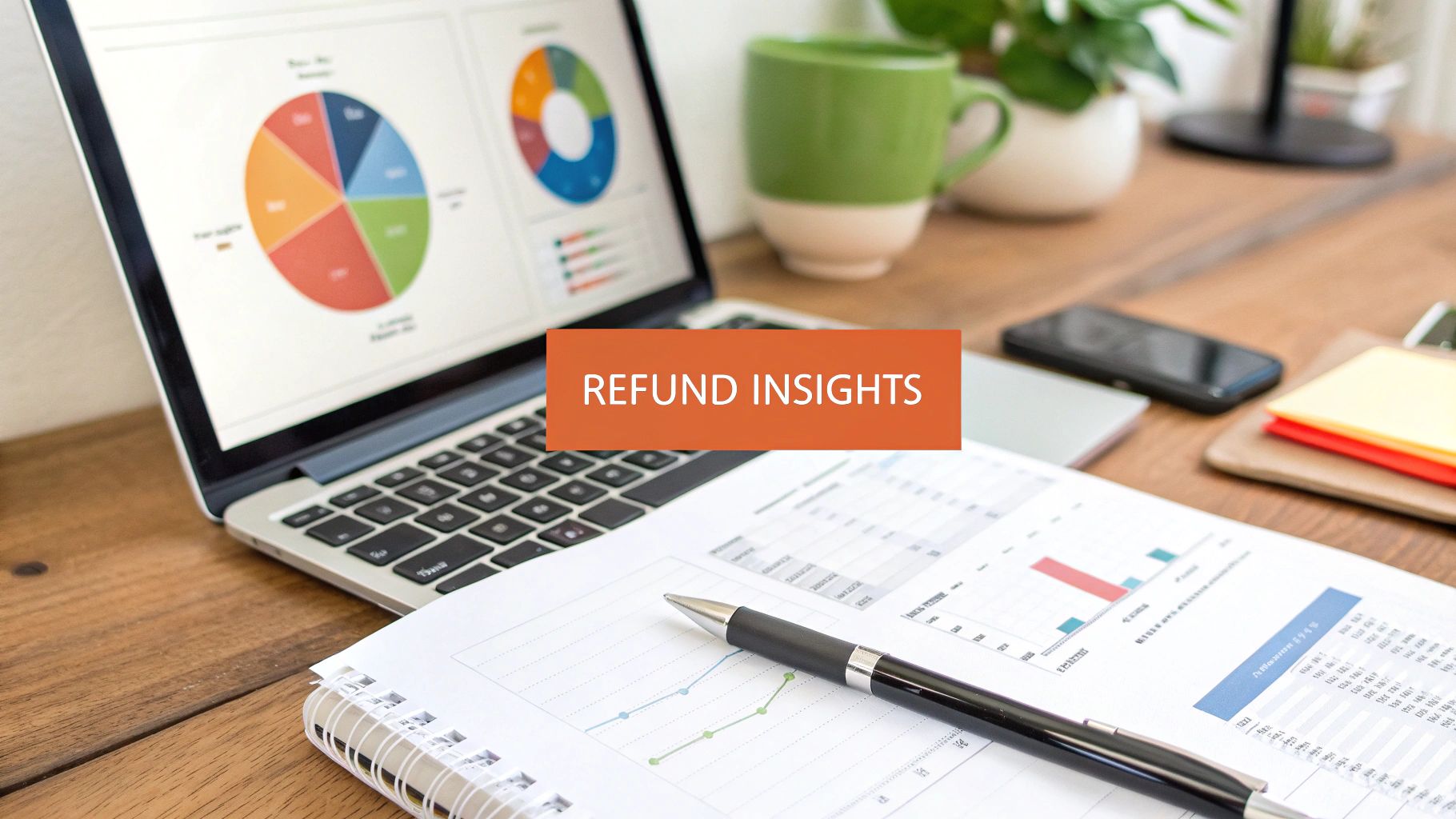 Laptop displaying financial charts and graphs, with a pen, smartphone, and 'REFUND INSIGHTS' text on a desk.