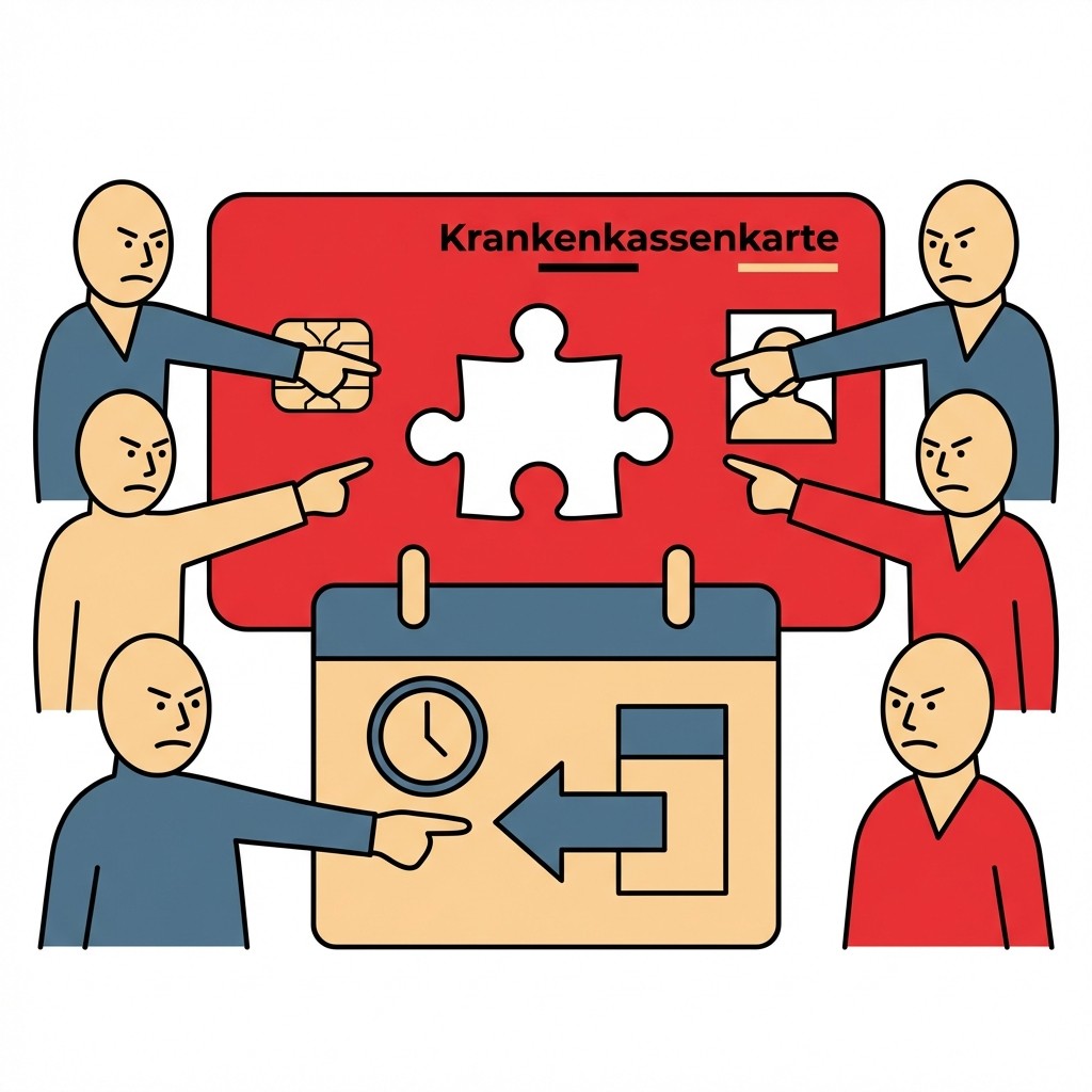 Wütende Personen zeigen auf eine Krankenkassenkarte mit fehlendem Puzzleteil und einen Kalender mit Uhrsymbol.