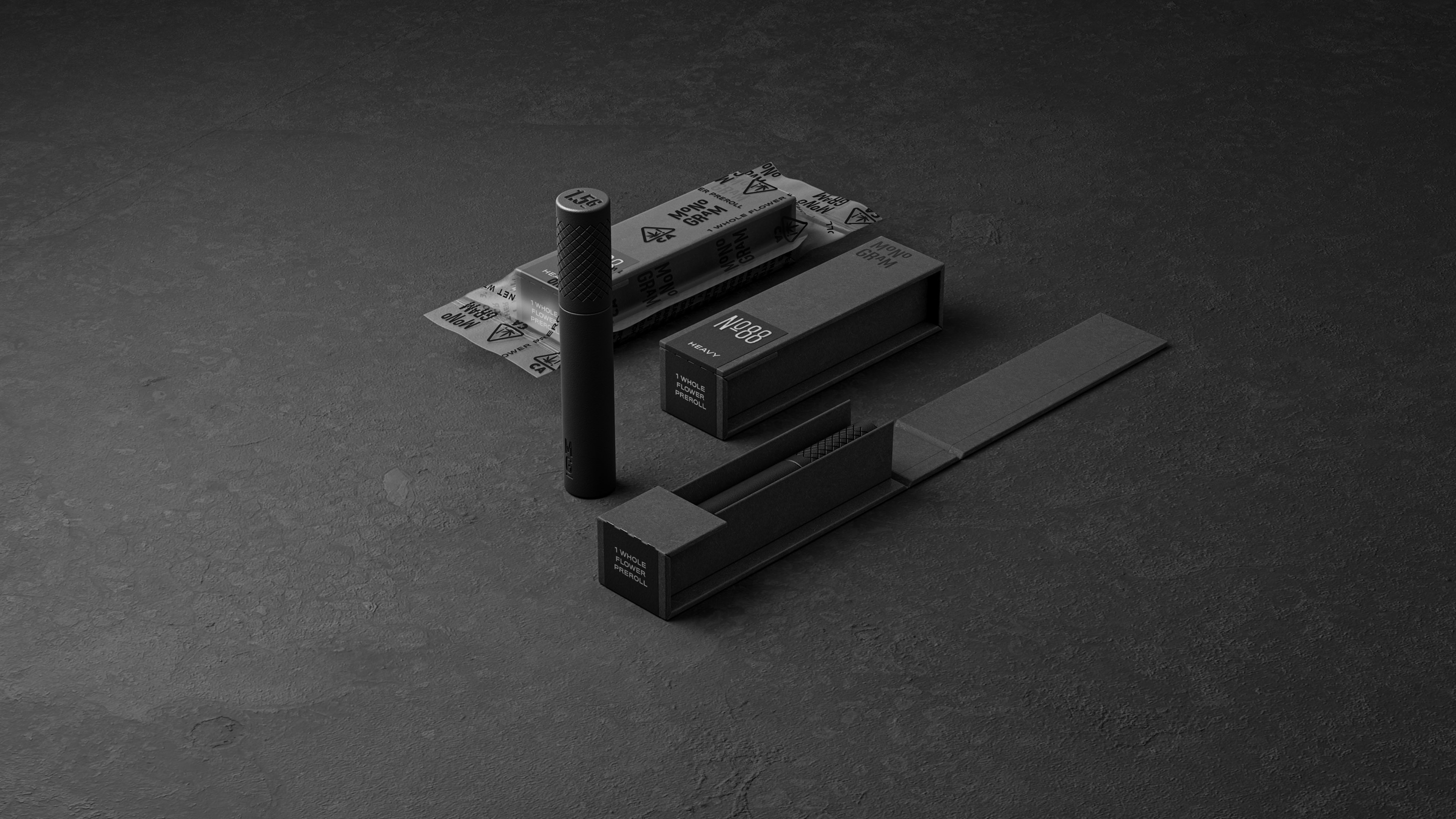 3D render showing the Monogram 0G product packaging in three states: sealed, unsealed and open.