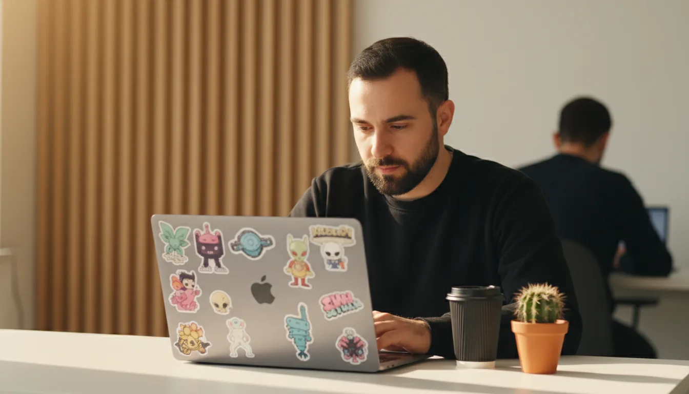 DSLR photography of a focused man with a well-groomed beard and short dark hair, wearing a black sweatshirt, working intently on a space gray laptop at a white desk in a modern creative office. The back of the laptop is covered in several cartoonish stickers. On the desk, there is a black paper coffee cup and a small potted cactus. The background is out of focus, featuring a warm, wood-slatted wall and the soft silhouette of another person, creating a shallow depth of field. The lighting is soft natural daylight with a cinematic, warm color grade.