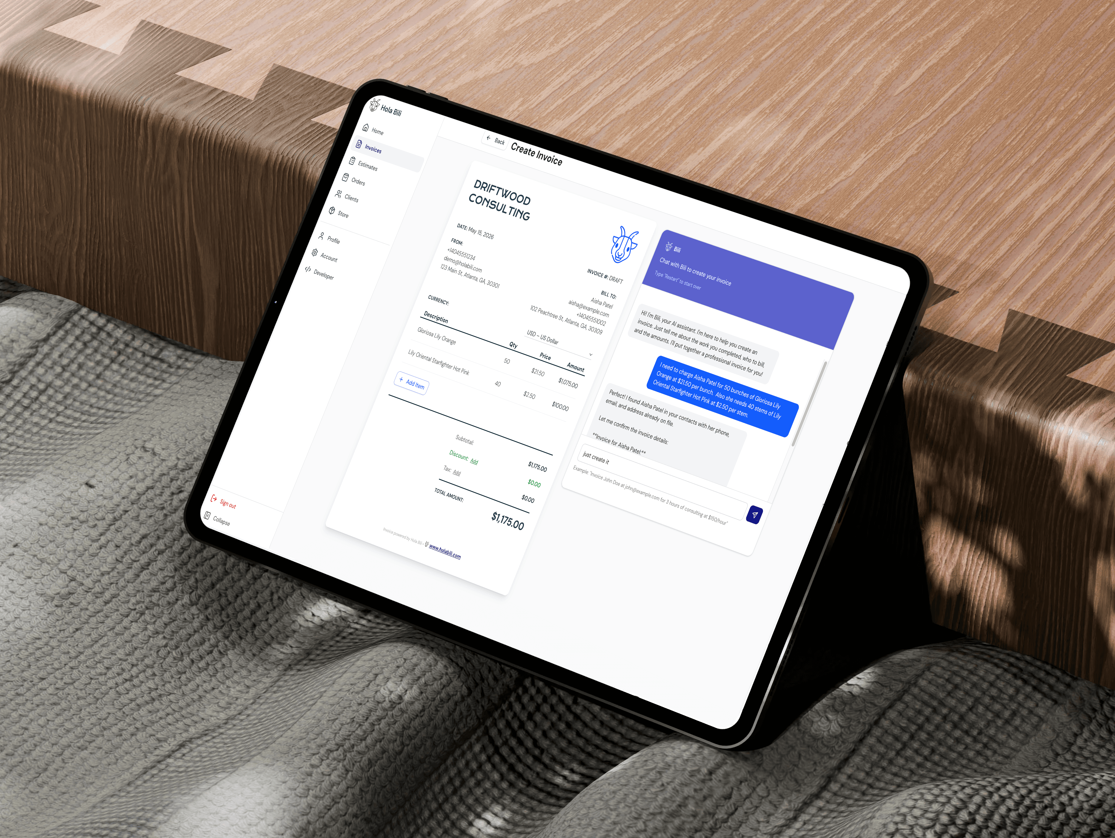 Tablet view of the Hola Bili chat and invoicing experience