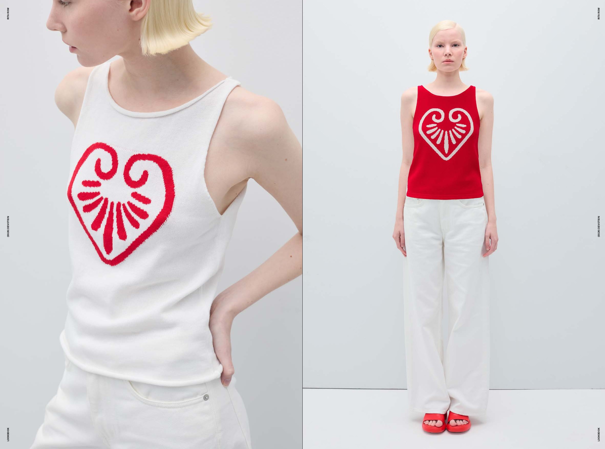 Double page avec une modèle portant des topsimprimés coeur rouge et blanc