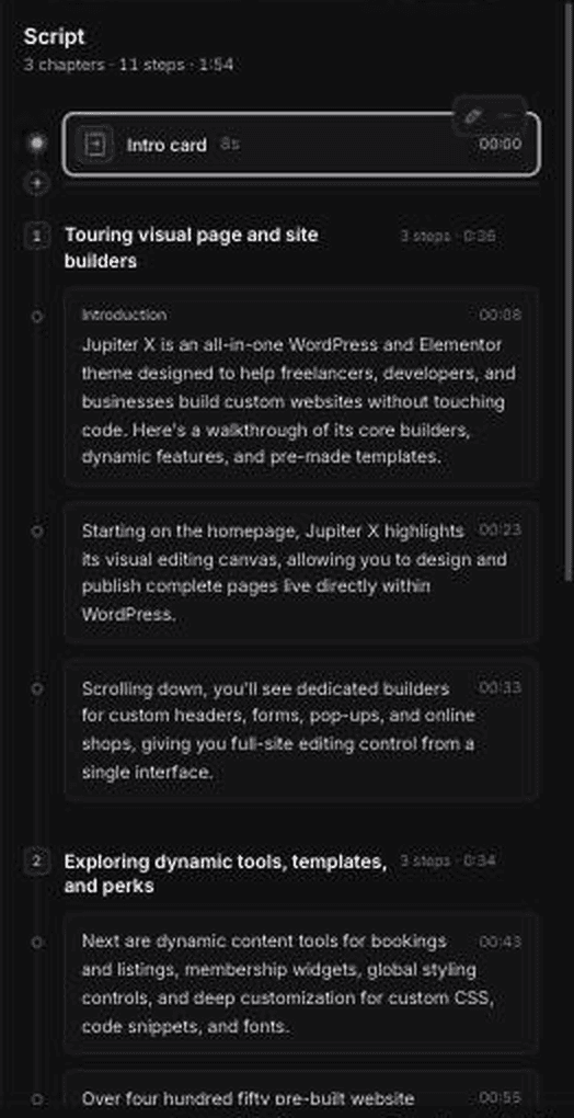 Clevera's timeline editor script panel with an AI-written voiceover script split into chapters and steps