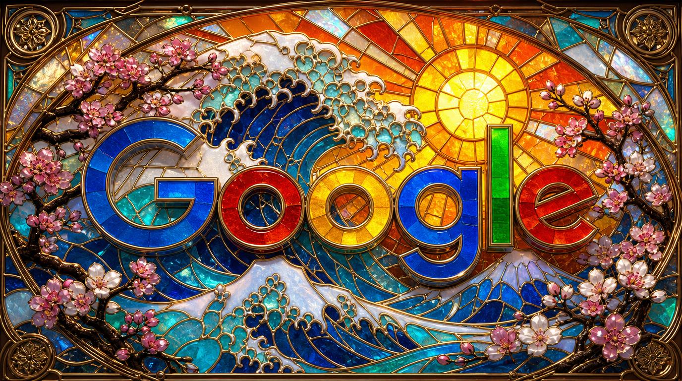 Digital artwork styled as a stained glass window, featuring a dynamic GOOGLE LOGO in the foreground