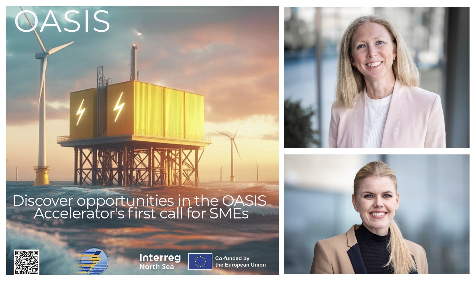 A collage featuring an offshore platform and two portraits of smiling individuals in professional attire.