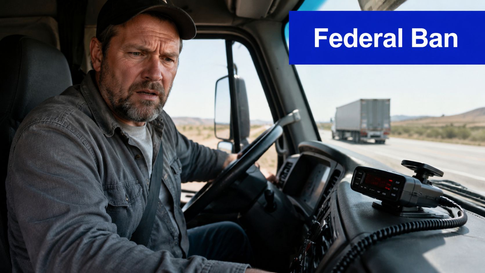 A truck driver looking concerned while driving on a highway with a radar detector mounted on the dashboard.