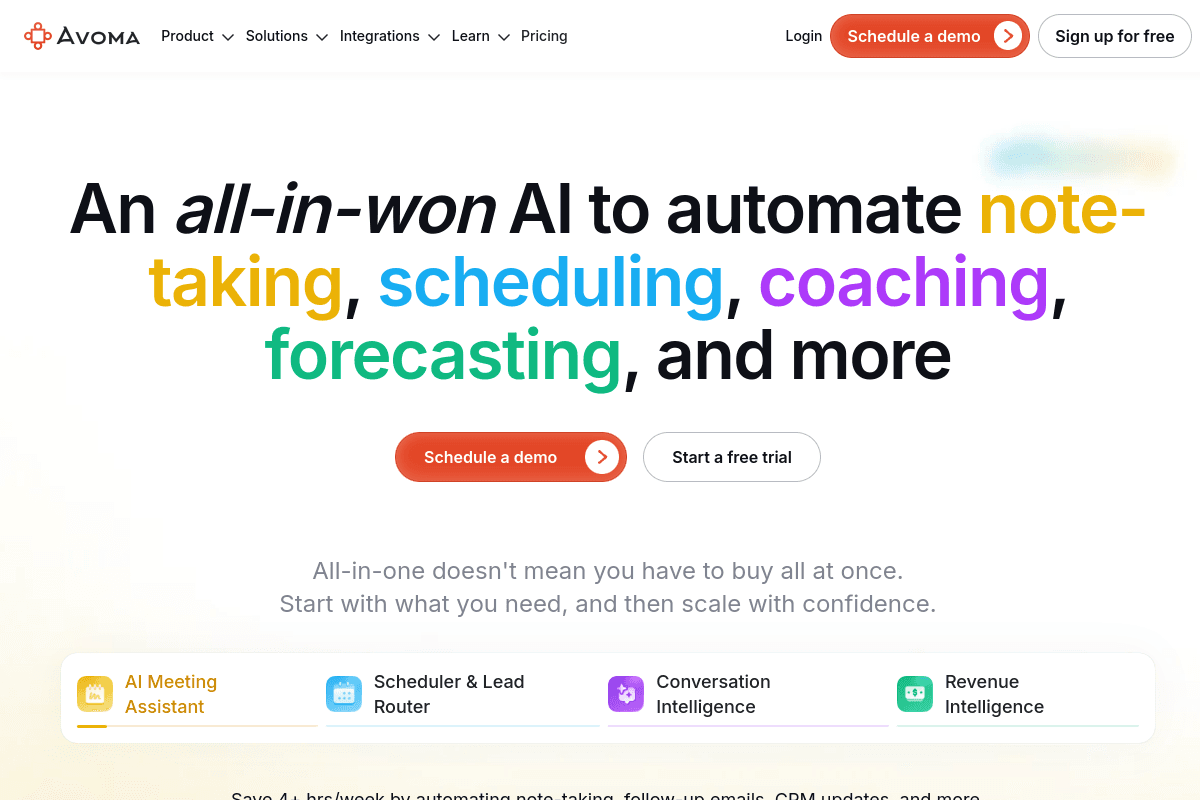 Avoma homepage, meeting AI for note-taking, scheduling, coaching, and forecasting