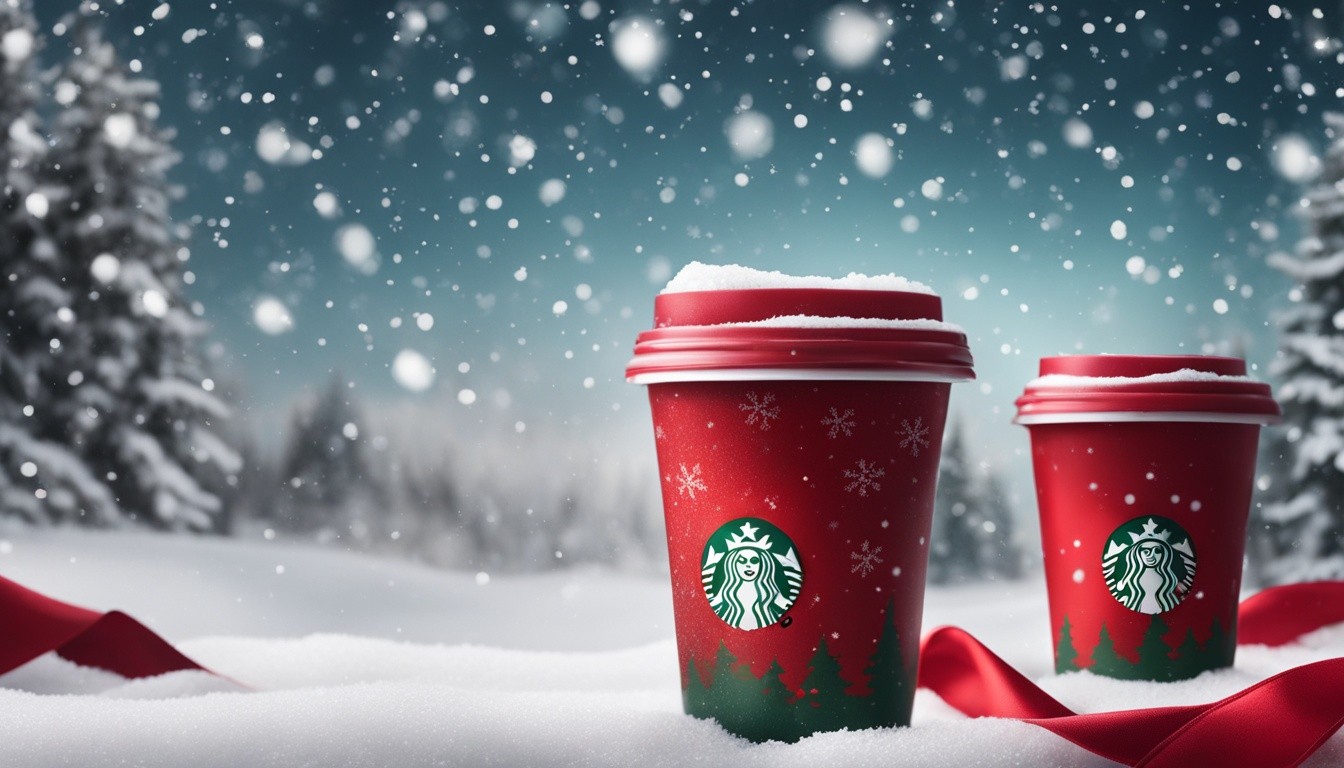 Create an image that showcases the iconic Starbucks red cups filled with steaming hot coffee, surrounded by a flurry of snowflakes and a festive ambiance. Add a subtle hint of excitement and anticipation in the image, hinting at the ongoing #RedCupContest campaign on Instagram. The focus should be on the vibrant red color of the cups, which should stand out against a cool, snowy background. Avoid any text or branding elements in the image, keeping it visually expressive and captivating.