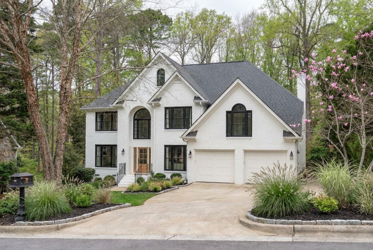 House remodeled with white painted brick and black window frames using AI