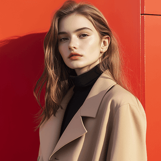 A woman wearing a stylish trench coat over a turtleneck, standing confidently against a neutral background.