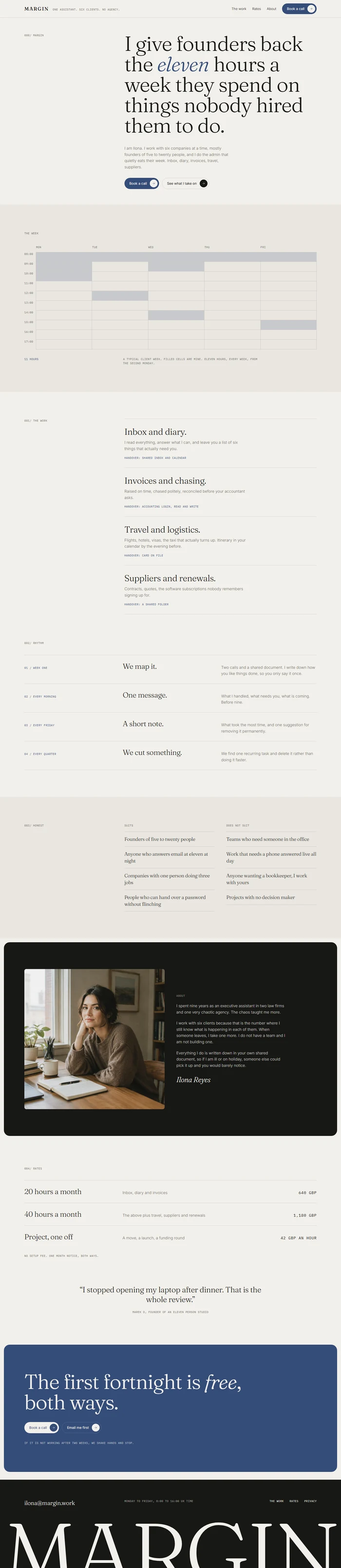 Full page of an AI-generated virtual assistant website with a serif statement hero, a filling week grid, a list of tasks taken on, weekly rhythm rows, a who this suits index, a dark portrait and letter panel, rates, a client quote, an ink blue free fortnight panel and a dark footer