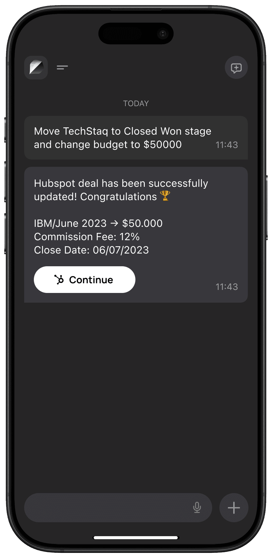 Screenshot of chat with a client