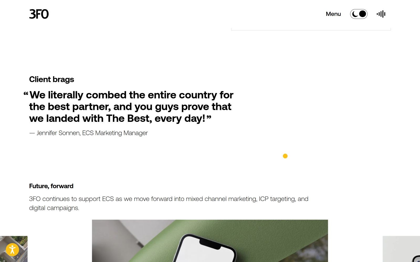 White page featuring a testimonial quote praising a partner, attributed to Jennifer Sonnen, ECS Marketing Manager.