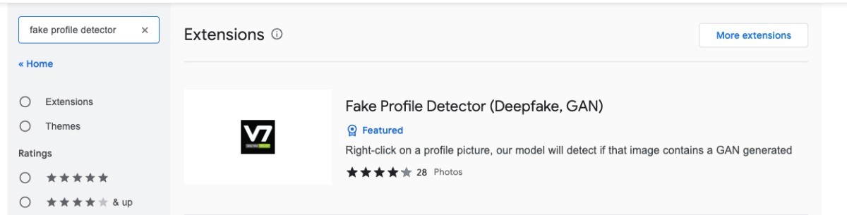 Chrome Webstore Search Result for "fake profile detector"