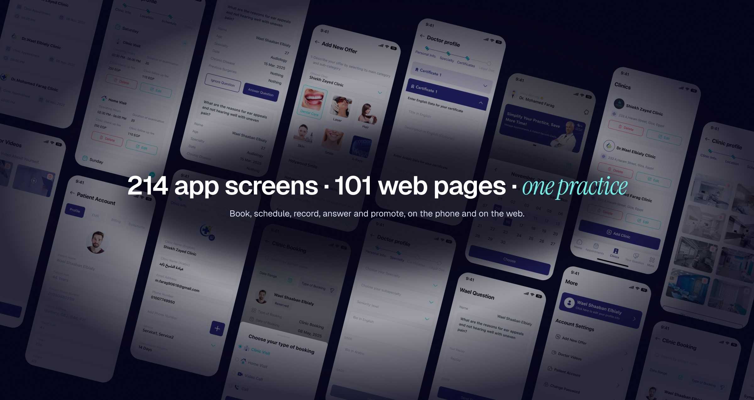 Mosaic of Salamtak doctor app screens: 214 app screens and 101 web pages