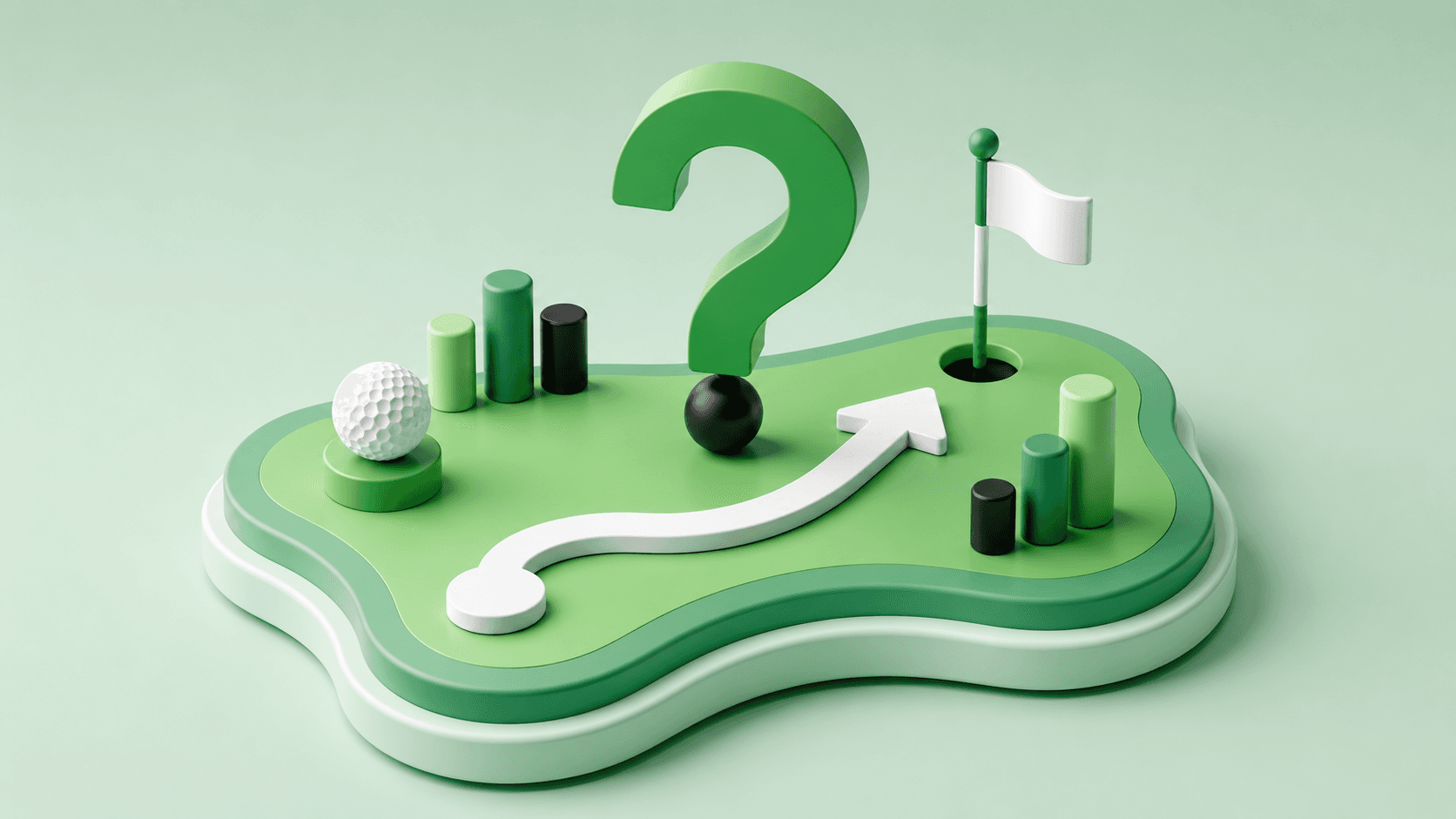 3D golf illustration with a question mark, golf ball, flag and strategy path, representing smarter golf club growth decisions.